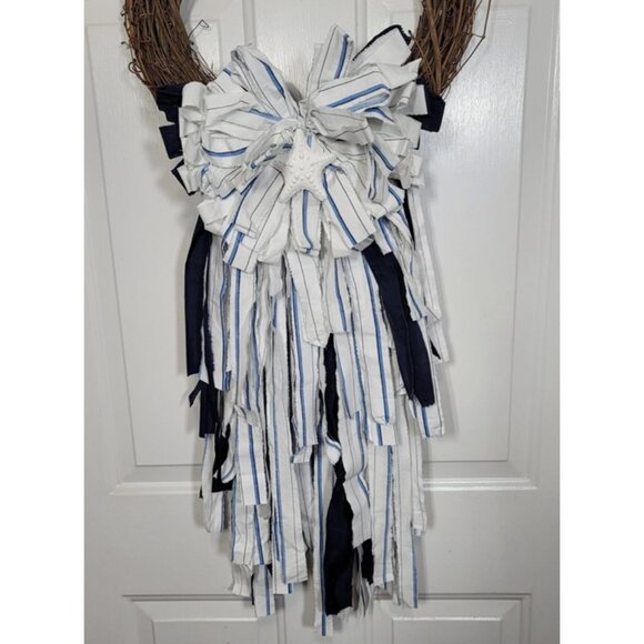 Beach Rag Bow, Starfish Rag Bow, Summer Coastal White/Blue Stripe Wreath Rag Bow - Picture 2 of 12